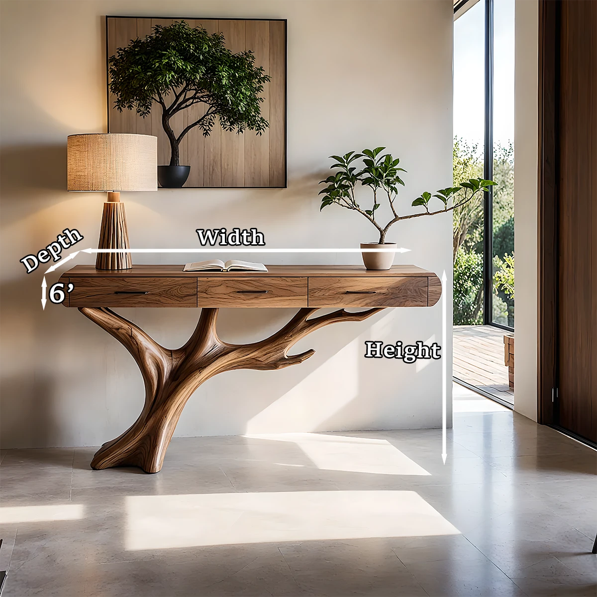 Stylish sideboard console with organic branch base and multiple drawers for interiors