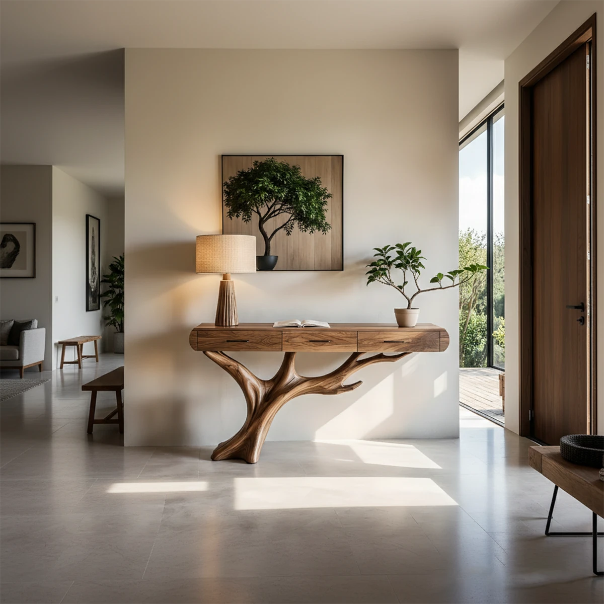 Sculptural entryway console featuring branch style base and functional drawer storage