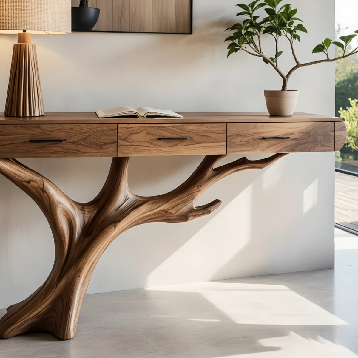 Contemporary console table with artistic tree base and built in drawers for interiors