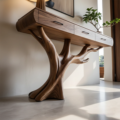 Minimal hallway console with natural form base and clean drawer storage for daily use