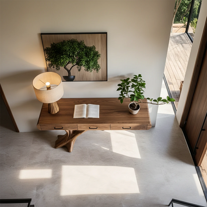 Modern sideboard console with flowing tree base and hidden drawers for organization