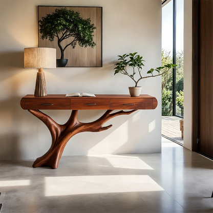Designer console cabinet with branch base structure and smooth storage drawers