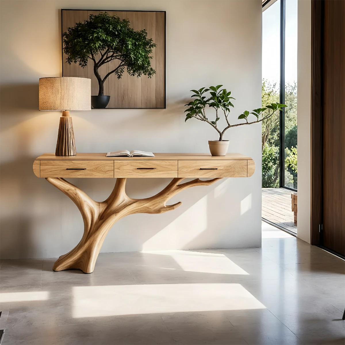 Elegant entry console with organic tree base and wide drawers for home storage needs