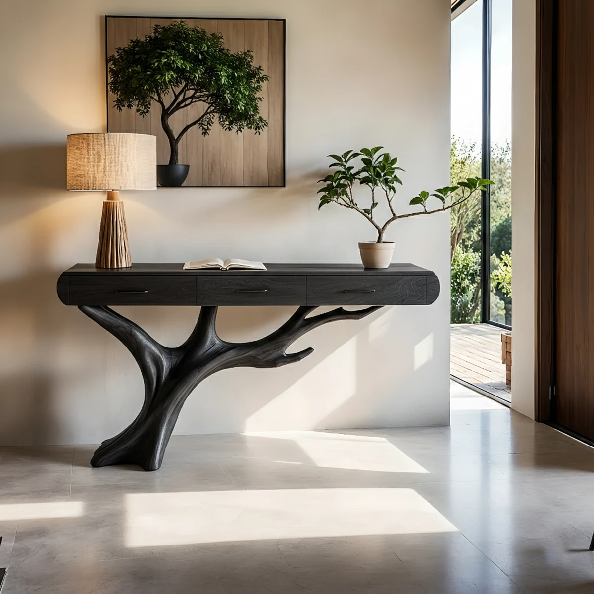 Unique hallway console featuring sculpted base and integrated drawers for modern spaces