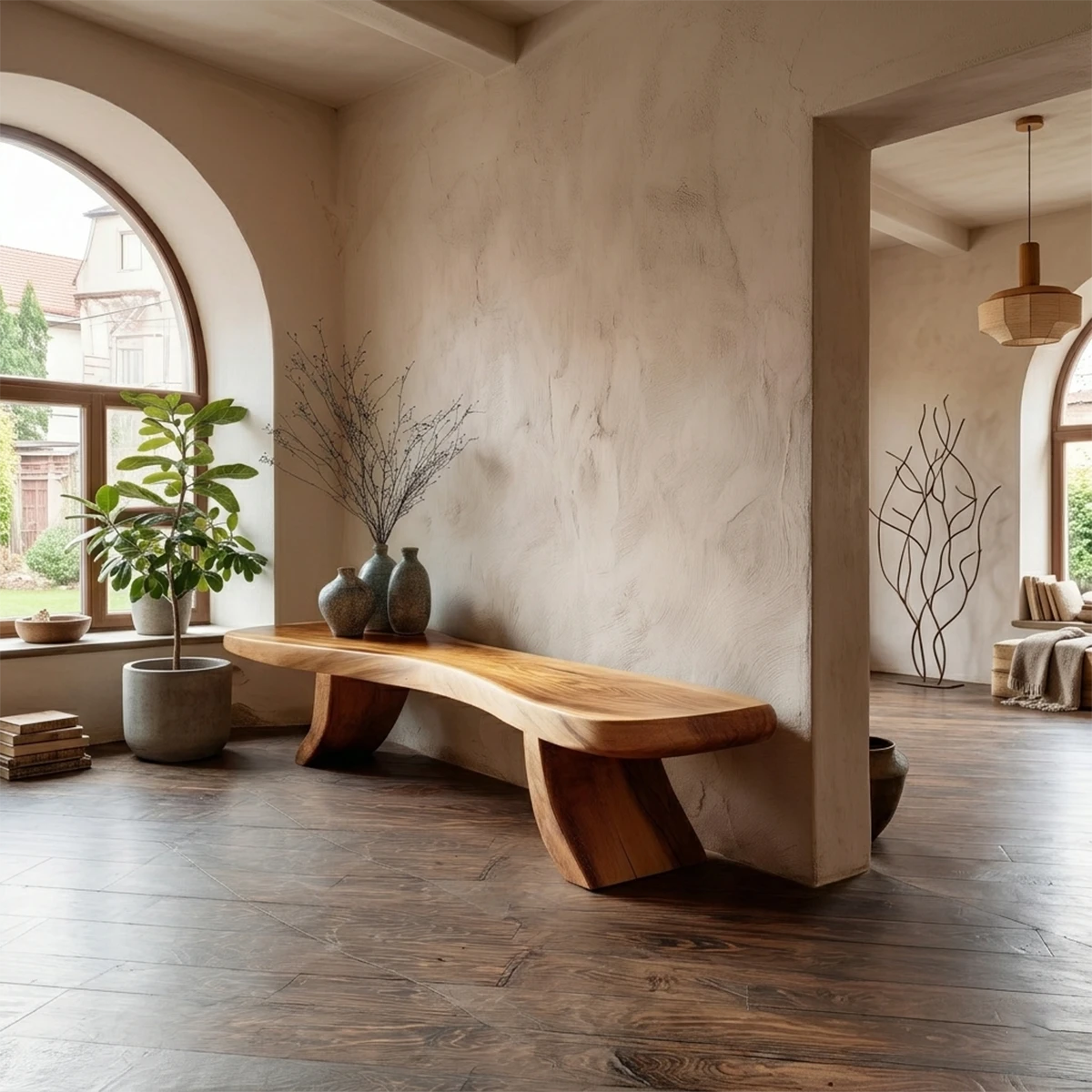 Modern hallway bench showcasing sculpted slab structure and refined oak tone finish detail