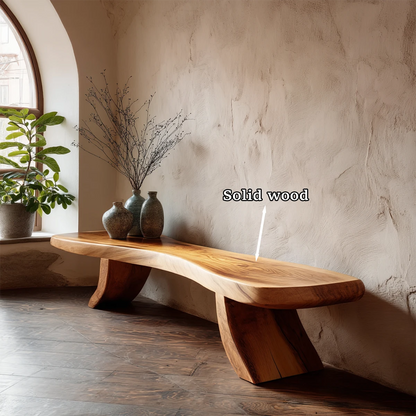 Decorative modern bench featuring organic slab styling and polished oak tone finish