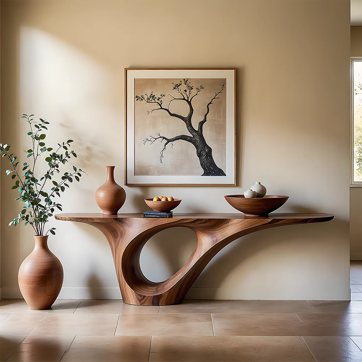 Organic curved console table with loop base crafted from solid wood in a calm modern entryway