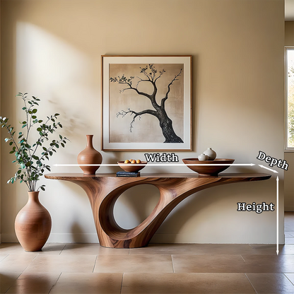 A natural wood console table with fluid form anchors this balanced and softly lit interior design