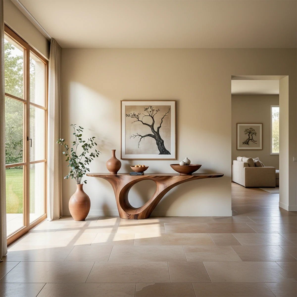 A modern console table featuring a sculptural loop base adds warmth and flow to this interior