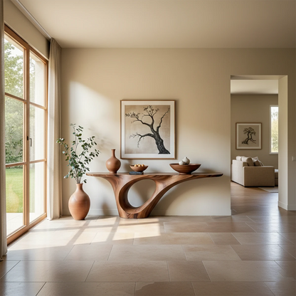 A modern console table featuring a sculptural loop base adds warmth and flow to this interior