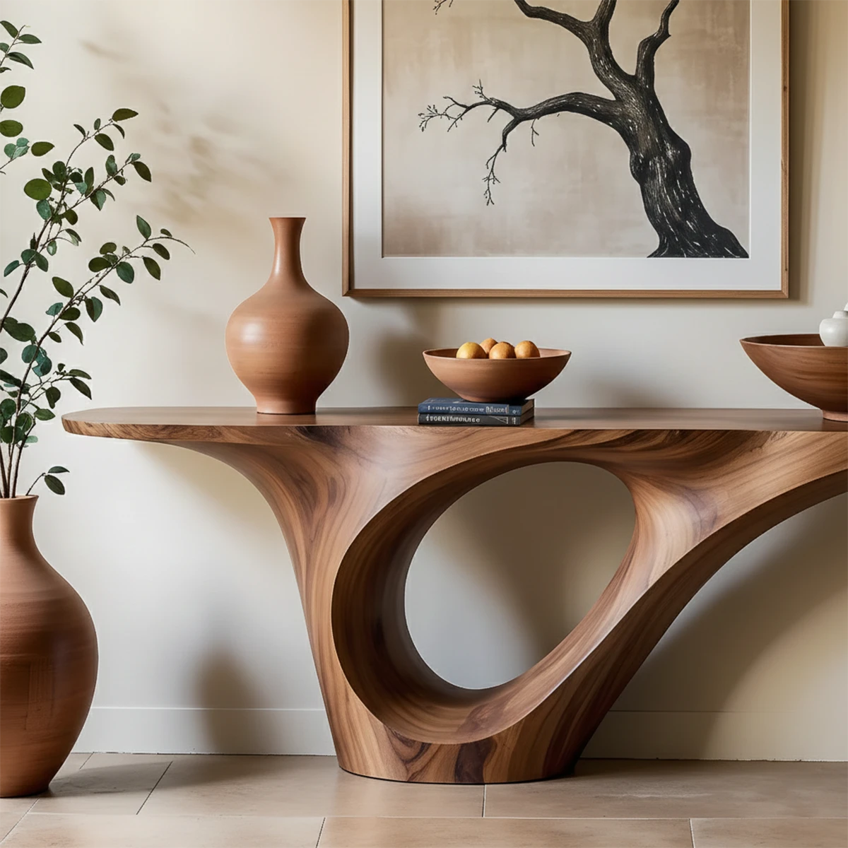 Solid wood console table with organic curves creates a refined focal point in minimalist décor