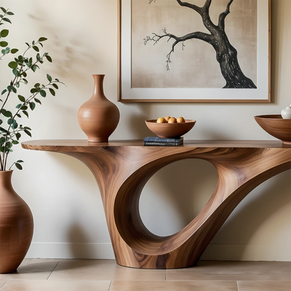 Solid wood console table with organic curves creates a refined focal point in minimalist décor