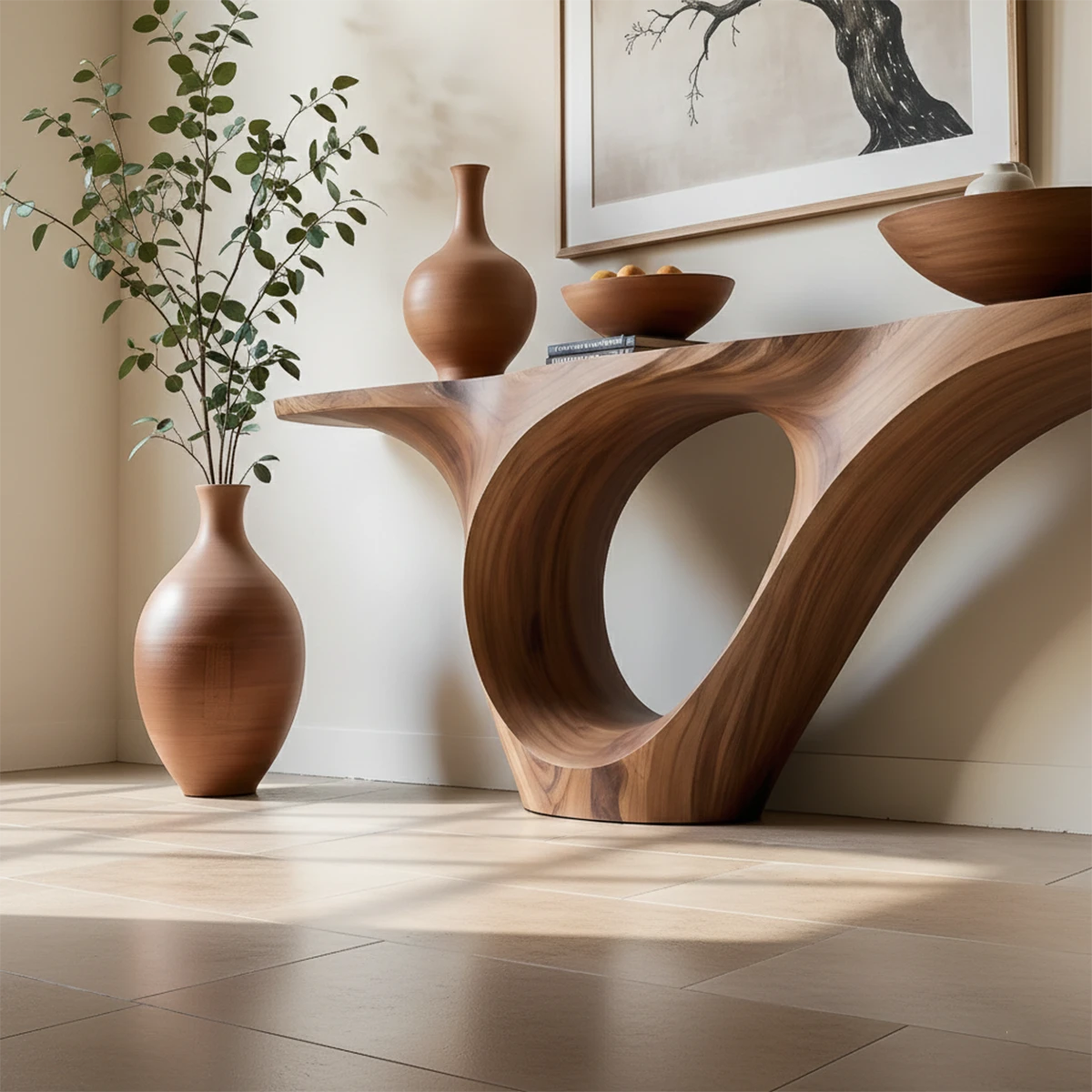 In this serene space, a curved console table introduces natural texture and soft visual movement