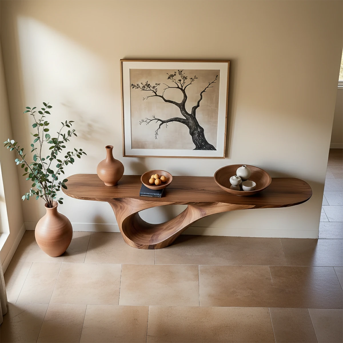 Sculptural console table in natural wood with loop base enhances this clean contemporary room