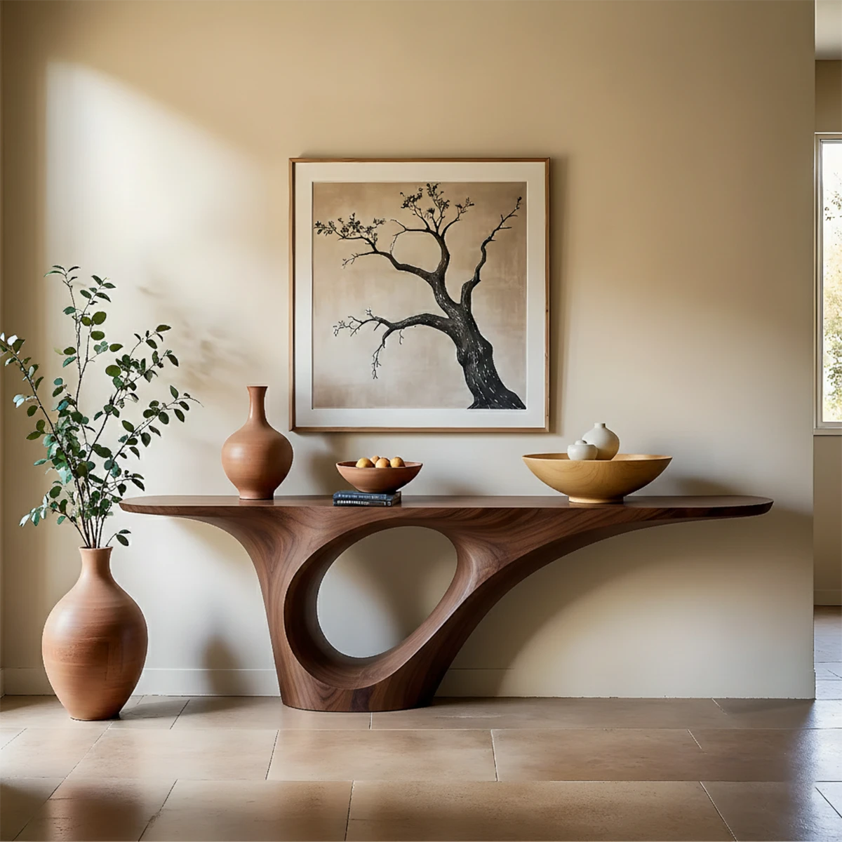 A flowing wood console table with curved base design brings elegance to modern home styling
