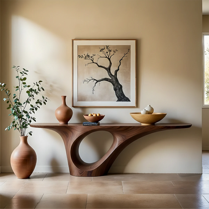 A flowing wood console table with curved base design brings elegance to modern home styling