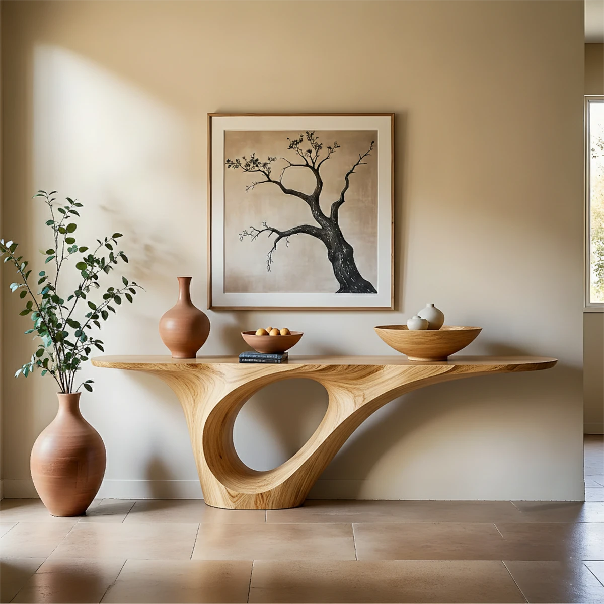 Minimalist interior styled with a solid wood console table featuring an artistic curved silhouette