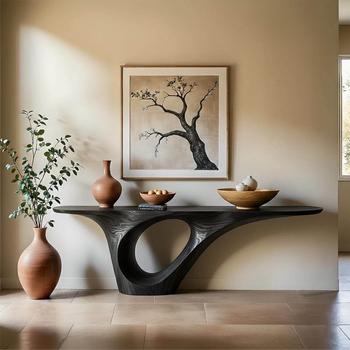 This contemporary console table showcases a loop base and smooth wood grain for organic appeal