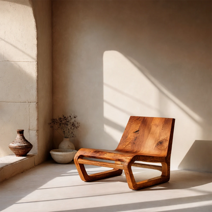 In a warm setting, a handcrafted lounge chair highlights smooth contours and natural texture
