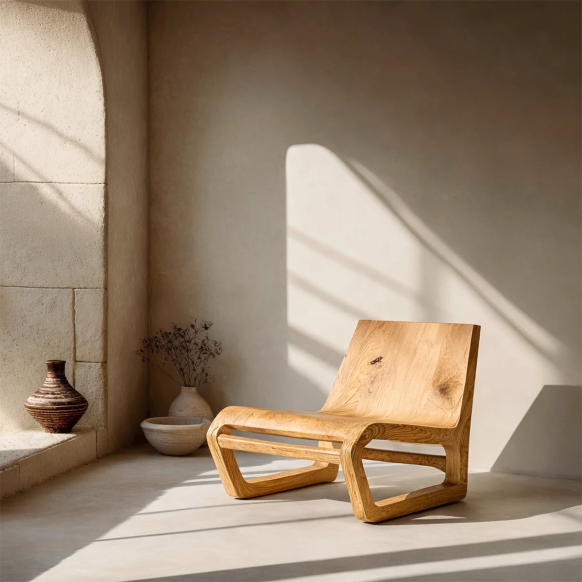 Minimalist design meets comfort in this modern wooden lounge chair with a fluid base form