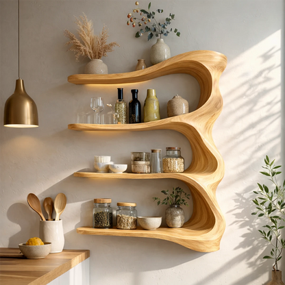 Unique kitchen shelving design with organic wood curves and practical open storage layout