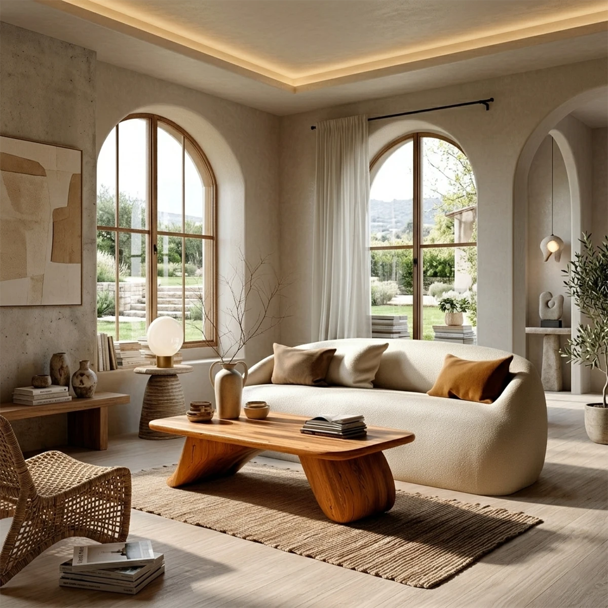 Low profile coffee table with sculpted legs and natural wood texture for cozy interiors
