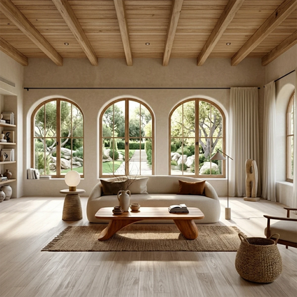Modern coffee table featuring soft curves and natural wood surface in sunlit living space