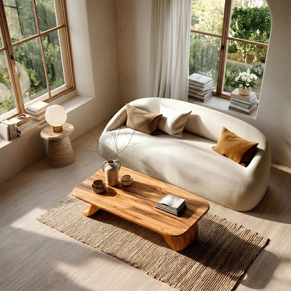 Natural wood coffee table with curved support design in warm and inviting living room