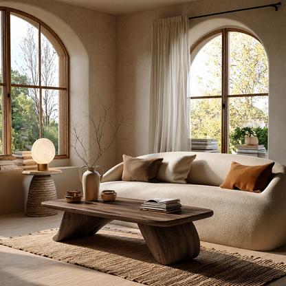 Contemporary coffee table with rounded edges and organic shape for relaxed interiors