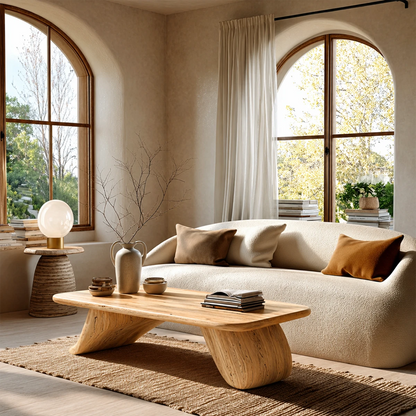Sculptural coffee table with flowing lines and natural wood look for modern décor