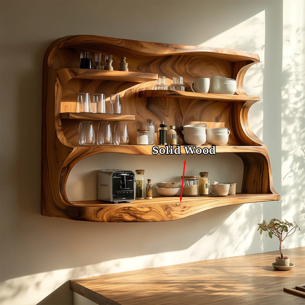 Unique kitchen wall shelving system with organic wood structure and layered storage space
