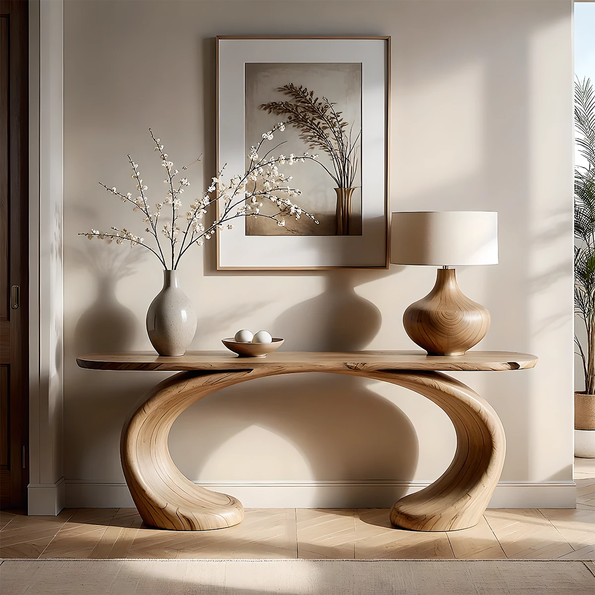 Modern oak console table with curved loop support