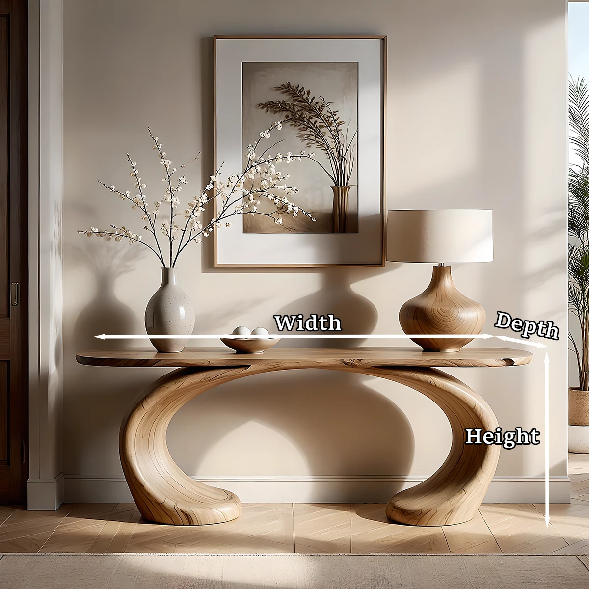 Handcrafted oak console table with curved oval base