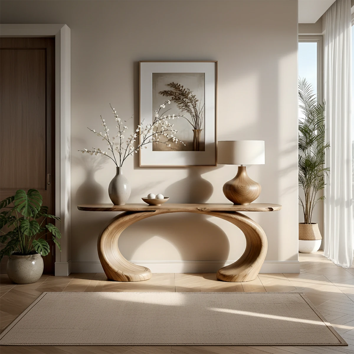Organic oak console table with oval loop base