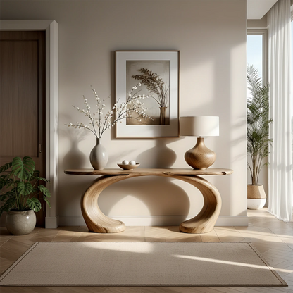Organic oak console table with oval loop base