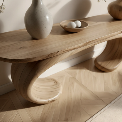 Elegant oak console table with oval base design