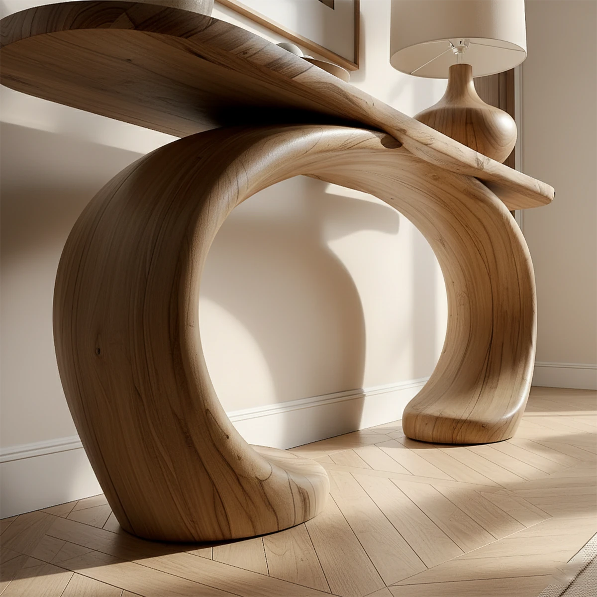 Contemporary oak console table with sculpted loop legs