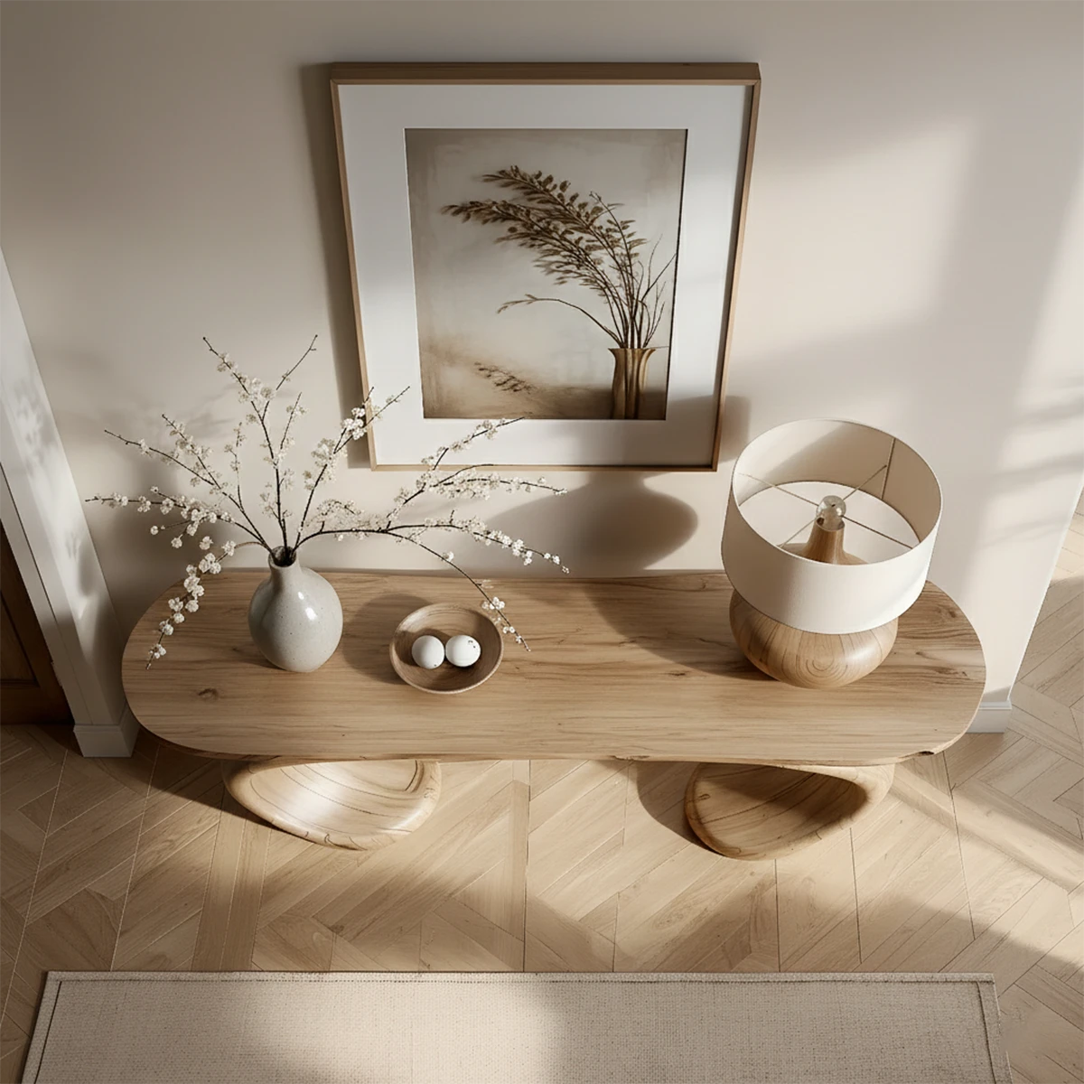 Natural oak console table with organic loop frame