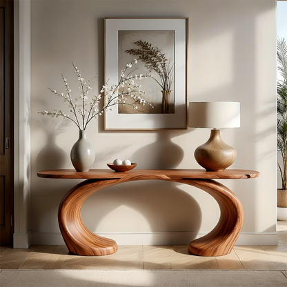 Minimal oak console table with oval curved base