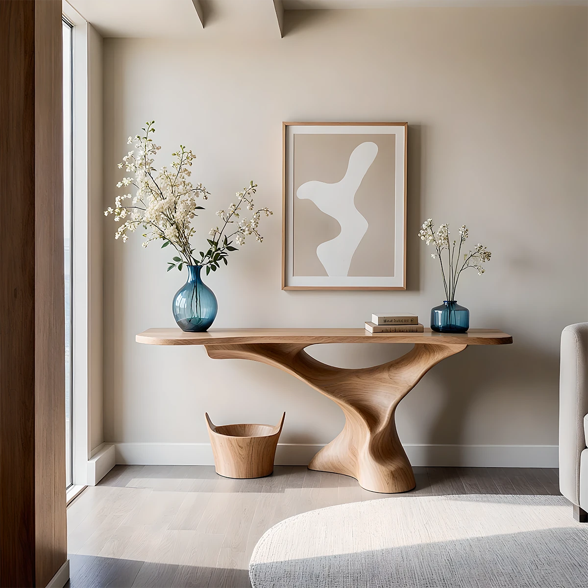 Organic oak console table with sculptural pedestal base
