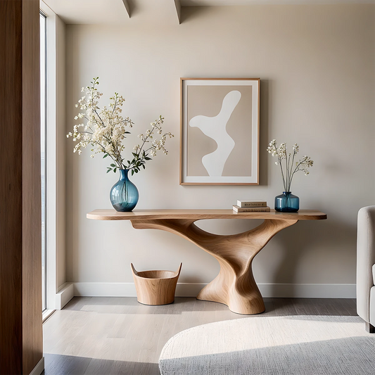 Organic oak console table with sculptural pedestal base