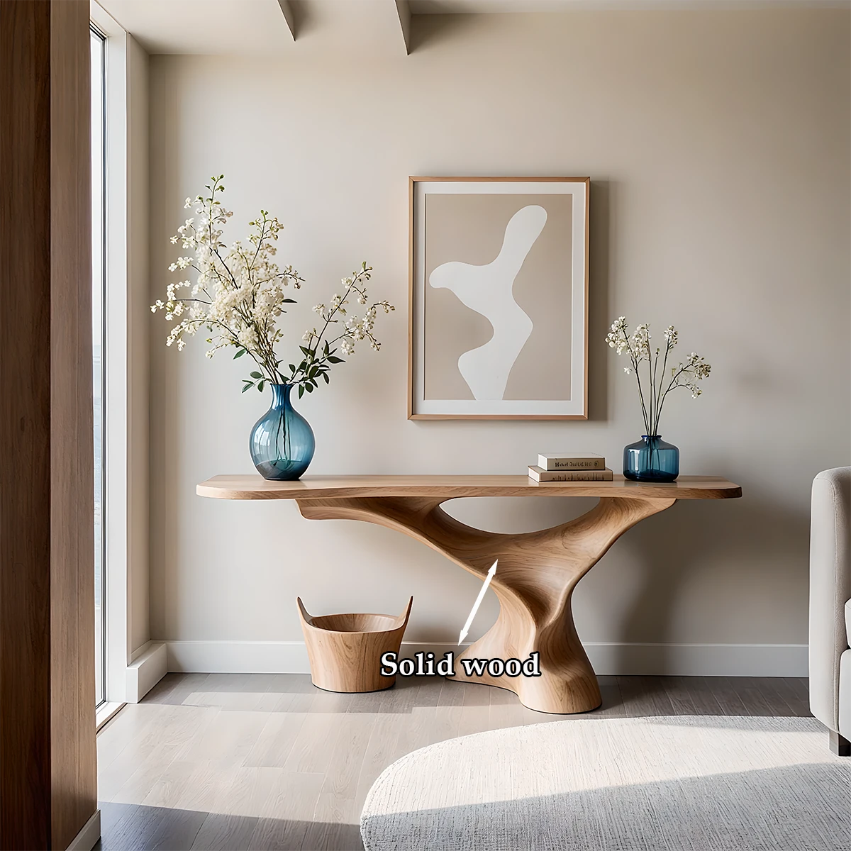 Designer oak console table with organic base structure