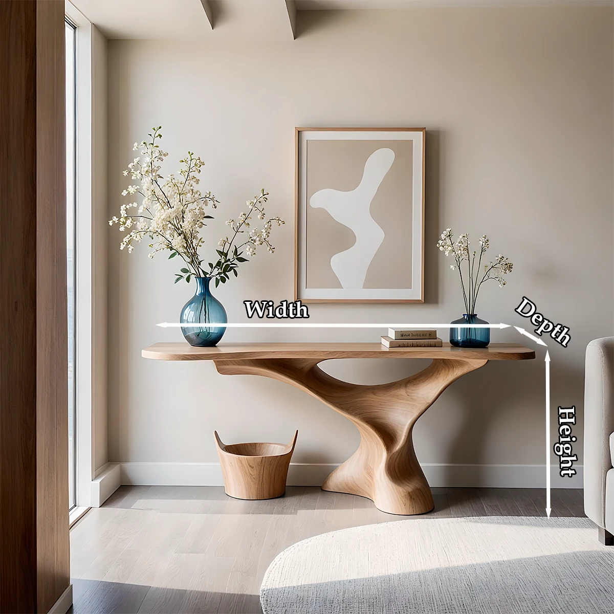 Solid oak console table with sculptural pedestal form