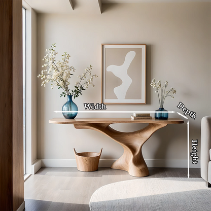 Solid oak console table with sculptural pedestal form