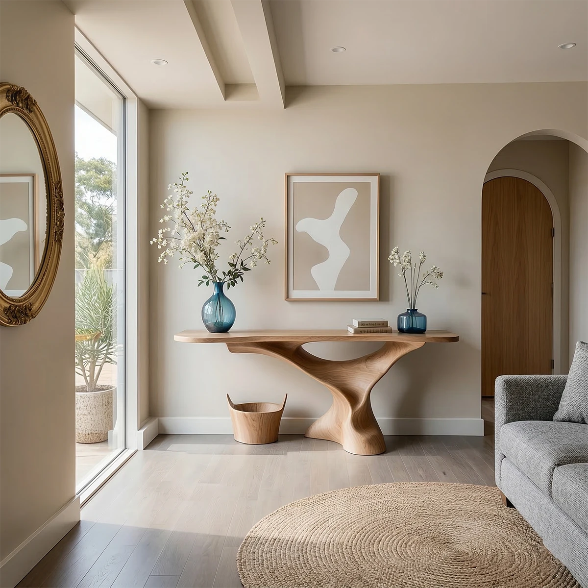 Natural oak console table with curved pedestal design