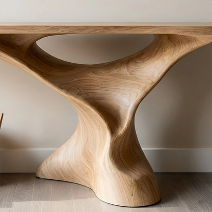 Sculptural oak console table with flowing pedestal form
