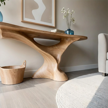 Minimalist oak console table with curved wooden base