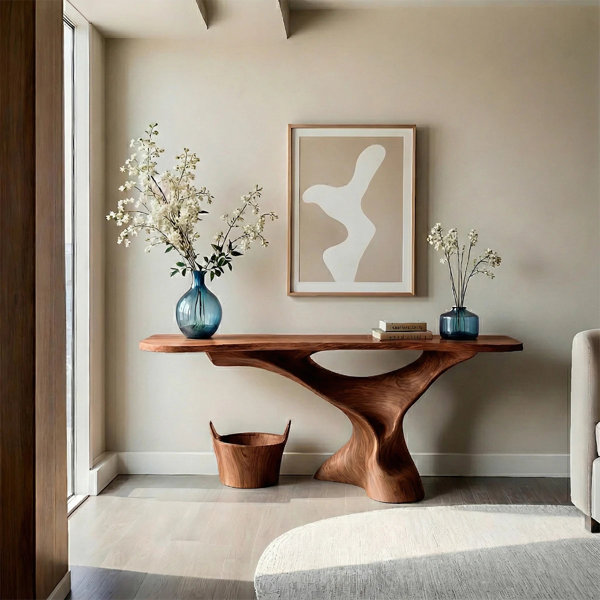 Handcrafted oak console table with sculptural base