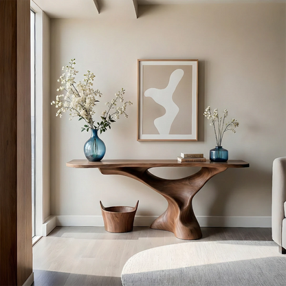 Contemporary oak console table with fluid pedestal design