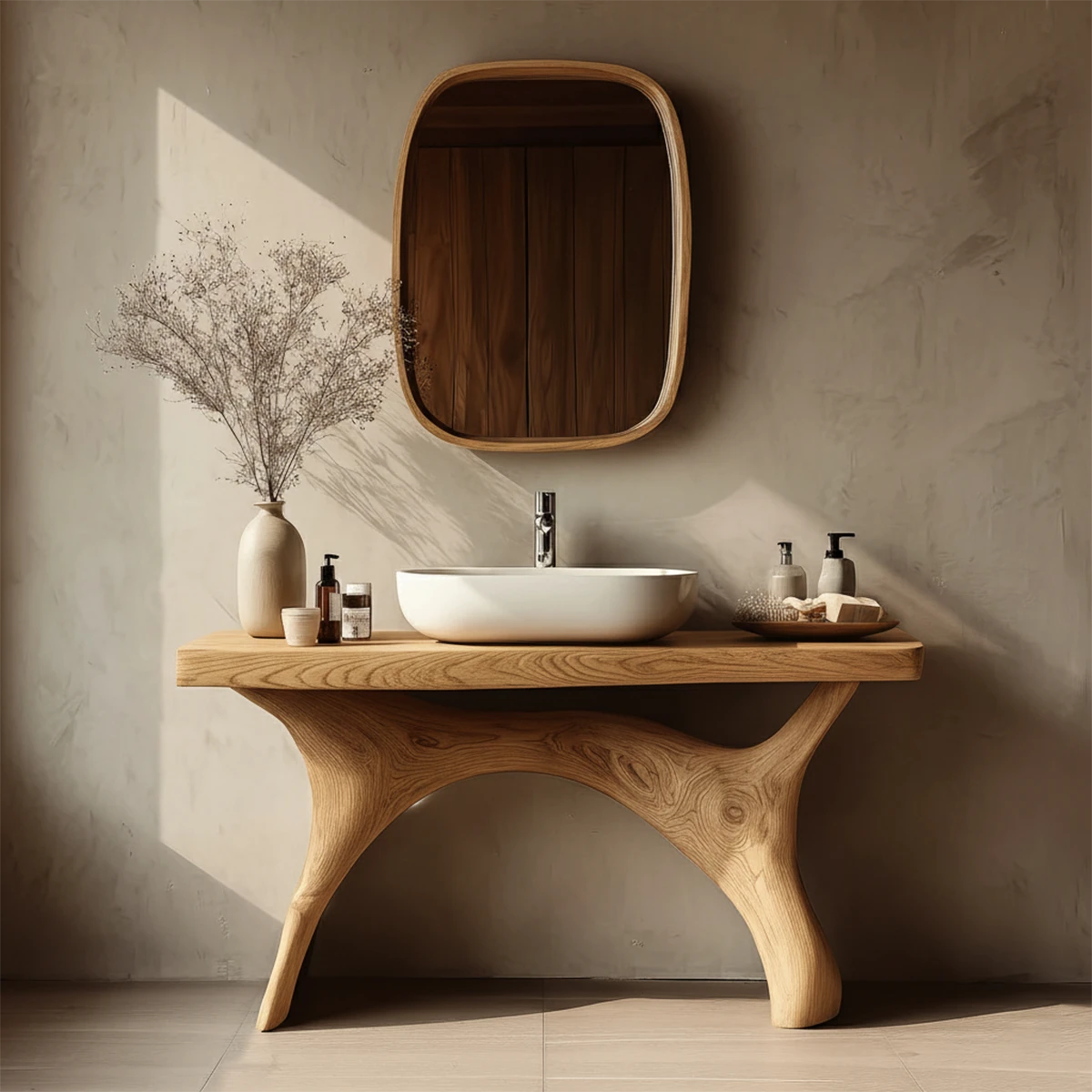 Organic oak wood bathroom vanity with sculpted legs